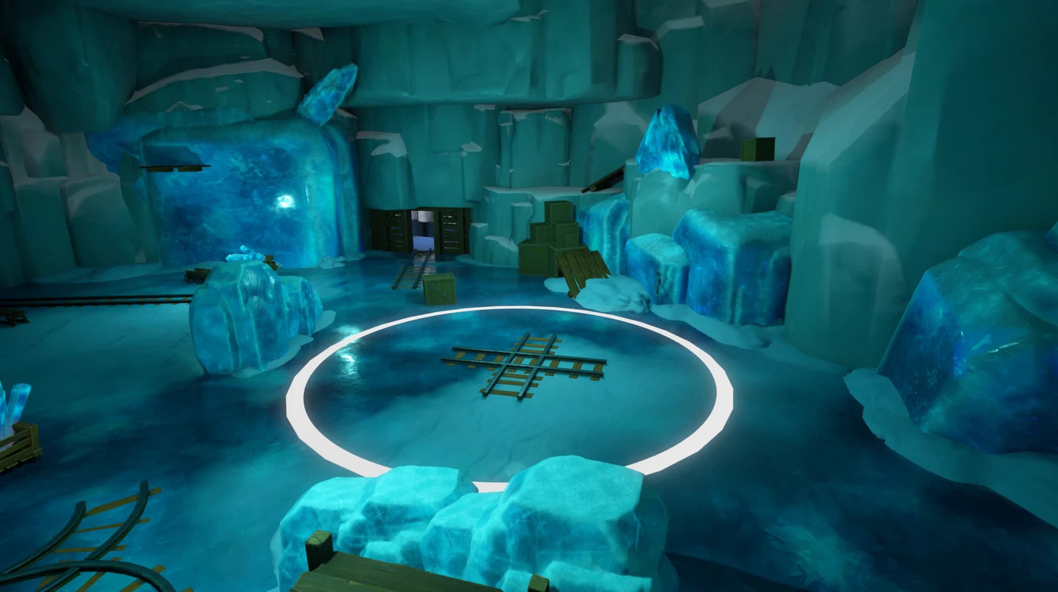 Bright glowing turquoise ice cavern — a Project Leyline battlefield