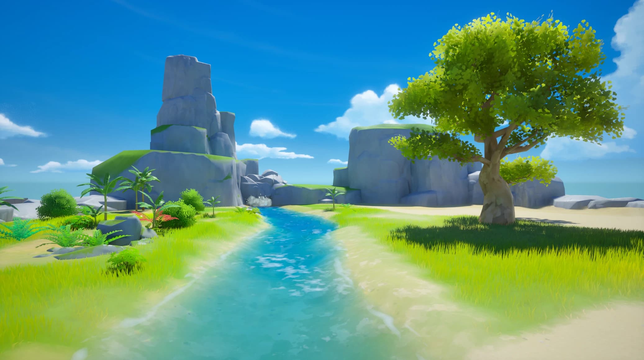 Sunlit Meadow — bright green plains rolling under a clear blue sky in Project Leyline.