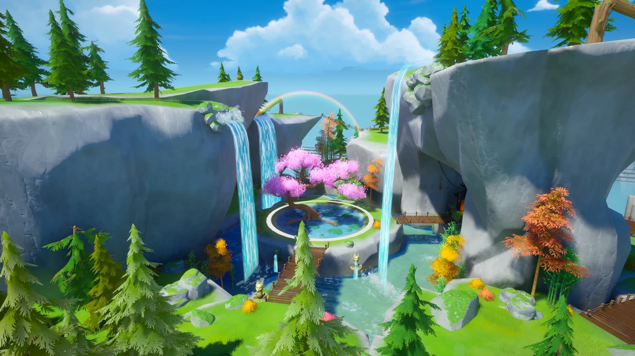 The Turquoise Waterfall in Project Leyline — teal water tumbling over cliffs beside a blossoming cherry tree at golden hour.