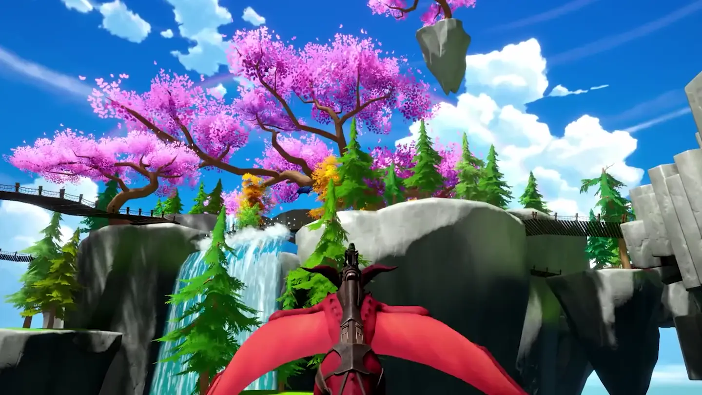 A dragon rising past a floating cherry-blossom island — a Project Leyline battlefield